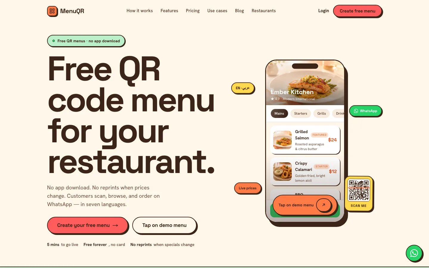 MenuQR homepage — free QR code menu headline, phone mockup of Ember Kitchen, WhatsApp and live-price badges