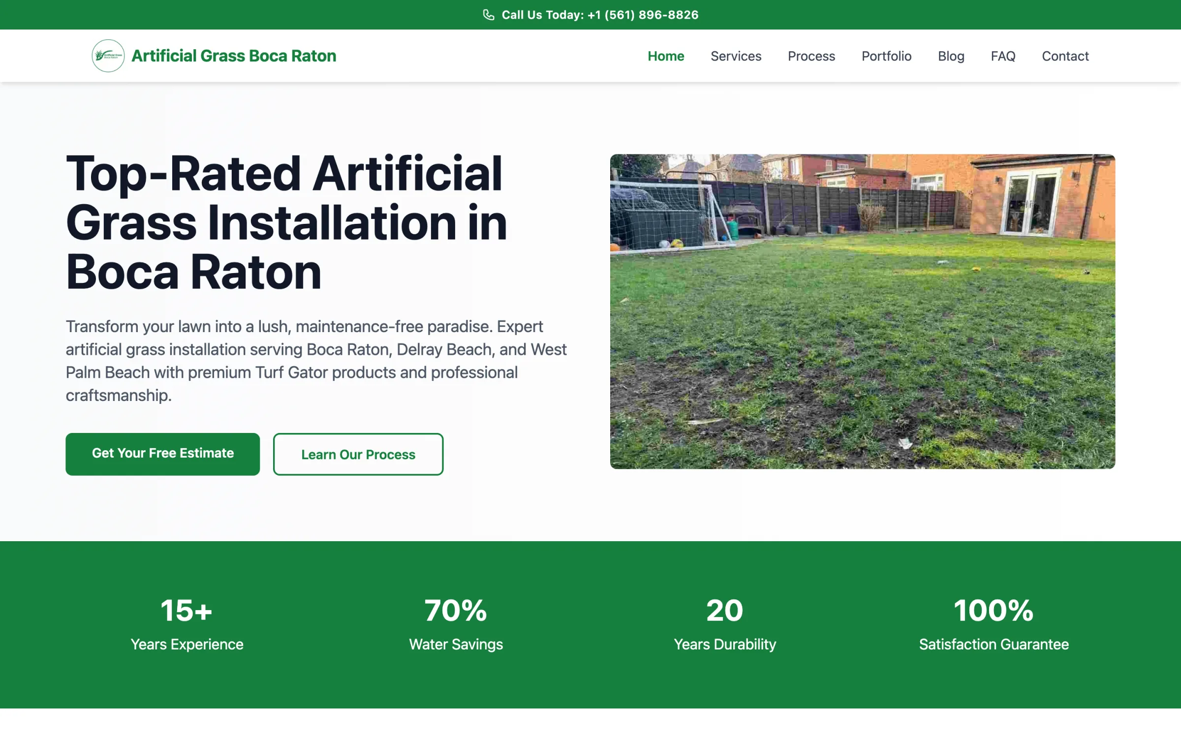 Artificial Grass Boca Raton homepage — local turf installation service with quote CTA and trust stats