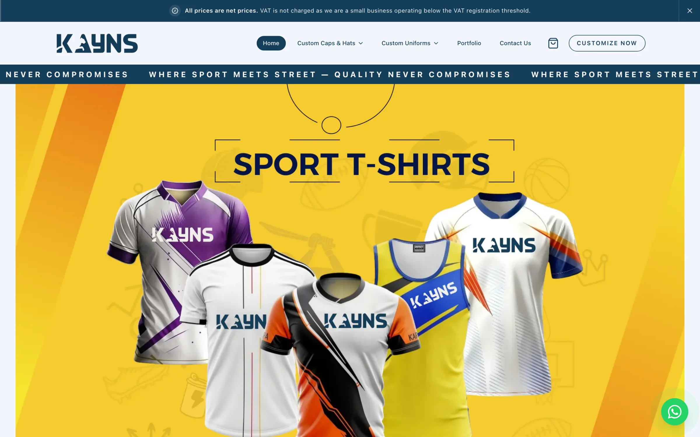KAYNS International storefront — custom sportswear catalogue with team kit product hero