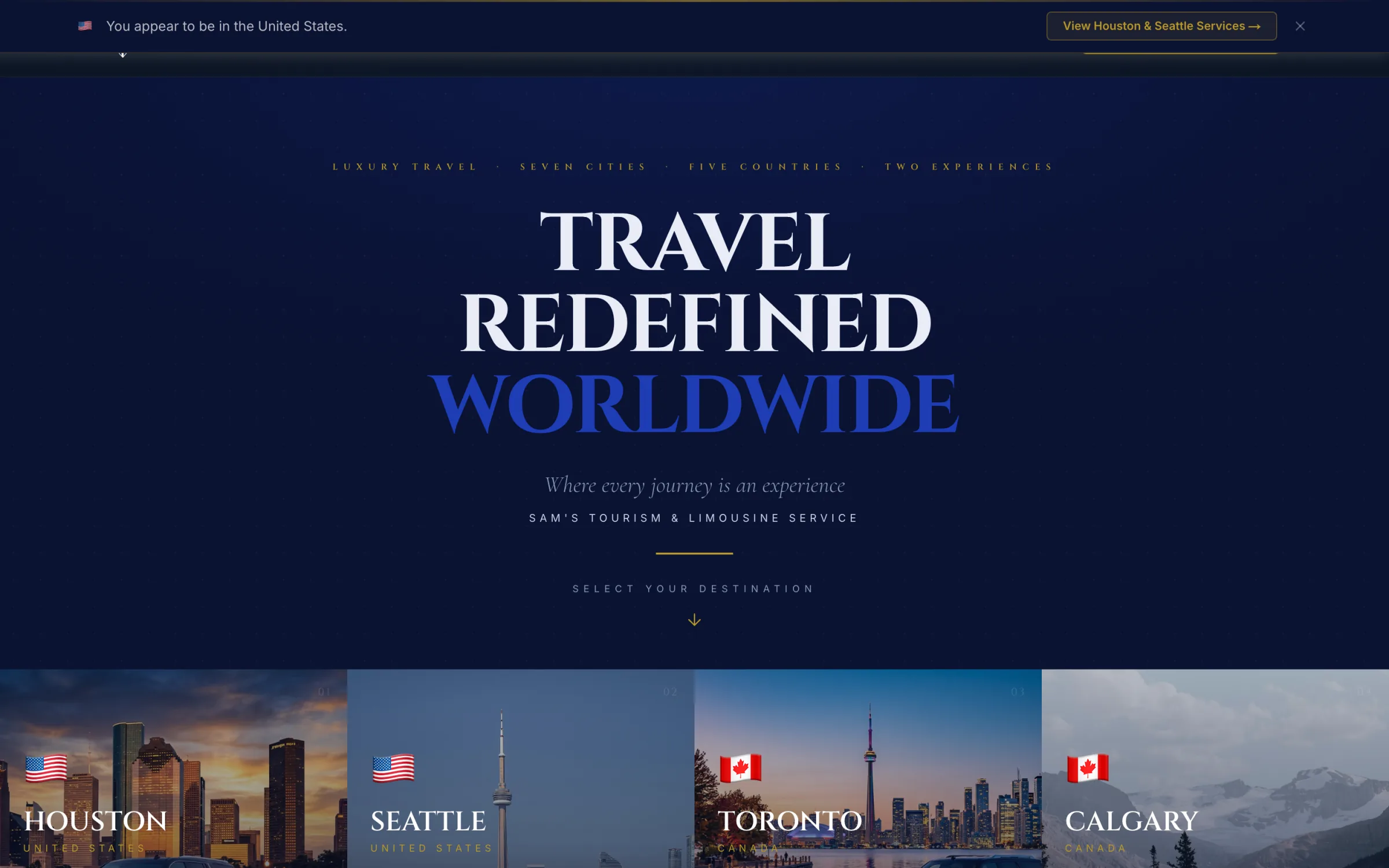 Sam's Tourism & Limousine homepage — multi-city chauffeur booking with Houston, Seattle, Toronto and Calgary destination cards